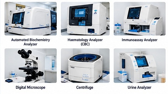 Reference images of biochemistry, haematology and immunoassay analyzers, a microscope, centrifuge and urine analyzer